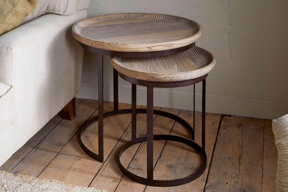 Nkuku Nisha Carved Reclaimed Wood & Iron Nesting Side Tables Natural