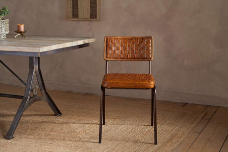 Nkuku Amala Leather Weave & Iron Dining Chair Aged Tan