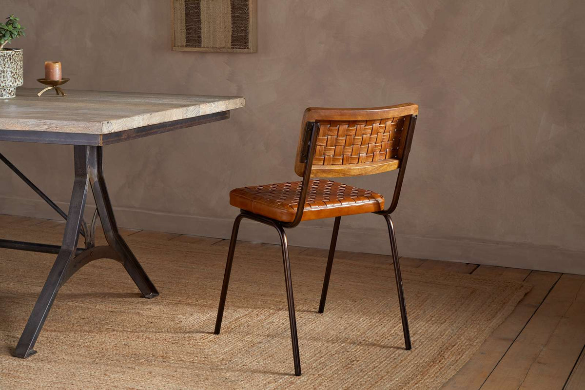 Nkuku Amala Leather Weave & Iron Dining Chair Aged Tan
