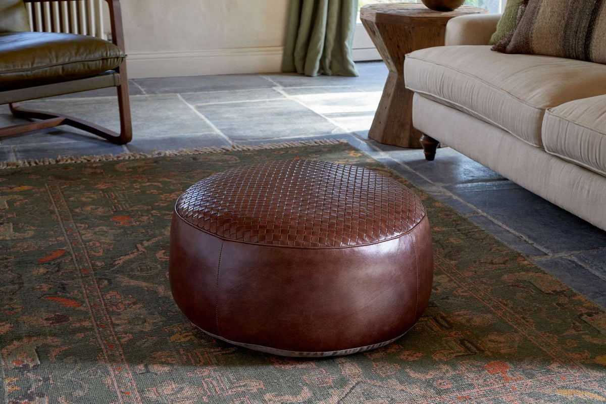 Nkuku Farida Leather Weave Pouf Chocolate Brown