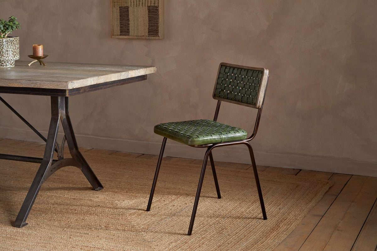 Nkuku Amala Leather Weave & Iron Dining Chair Rich Green