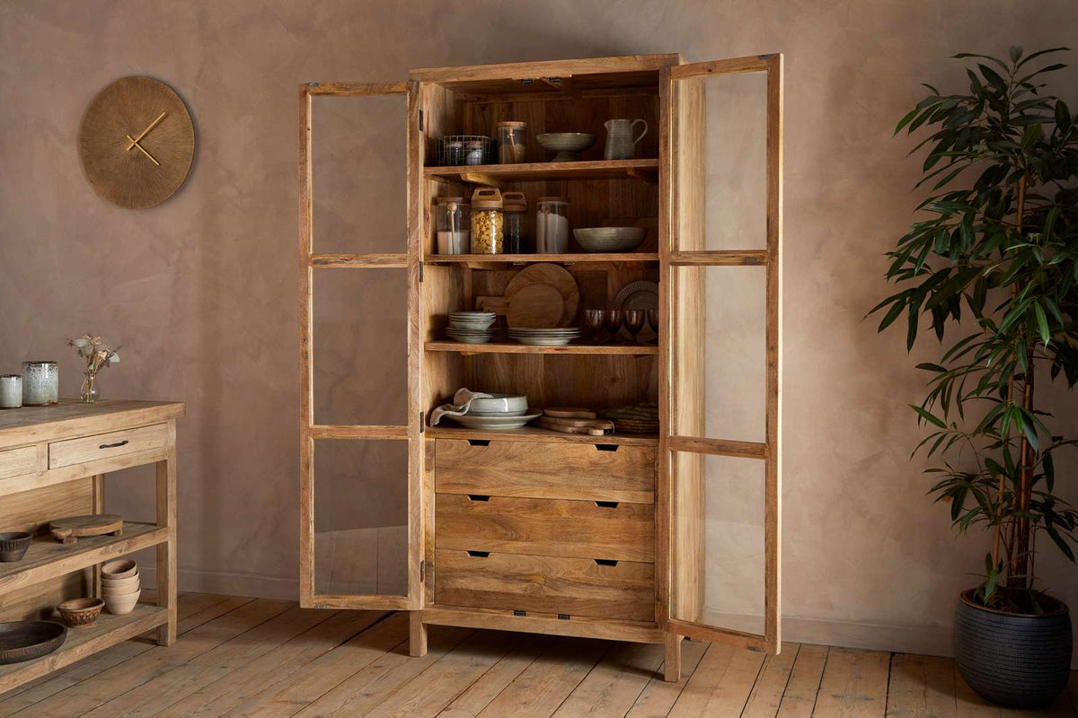 Nkuku Artha Mango Wood  & Glass Tall Cabinet Wide