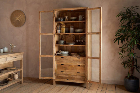 Nkuku Artha Mango Wood  & Glass Tall Cabinet Wide
