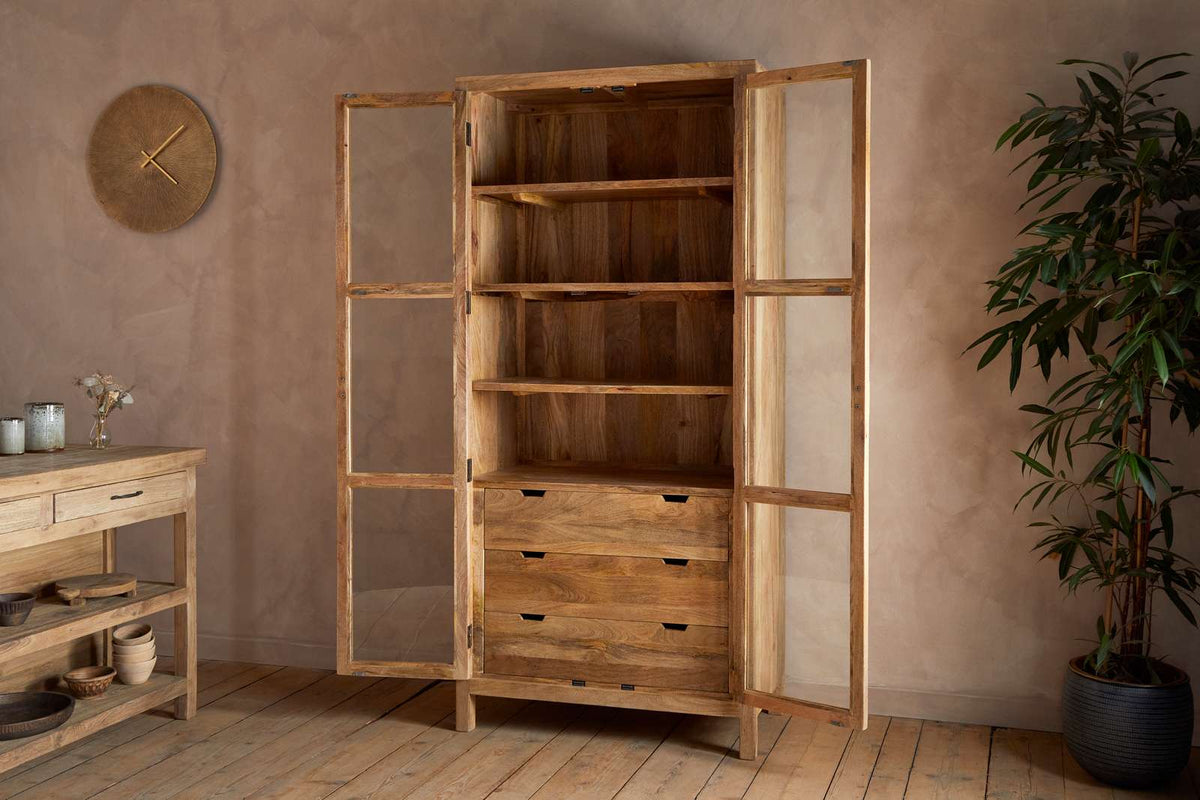 Nkuku Artha Mango Wood  & Glass Tall Cabinet Wide