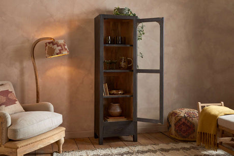 Nkuku Valin Mango Wood & Glass Cabinet Charcoal Tall