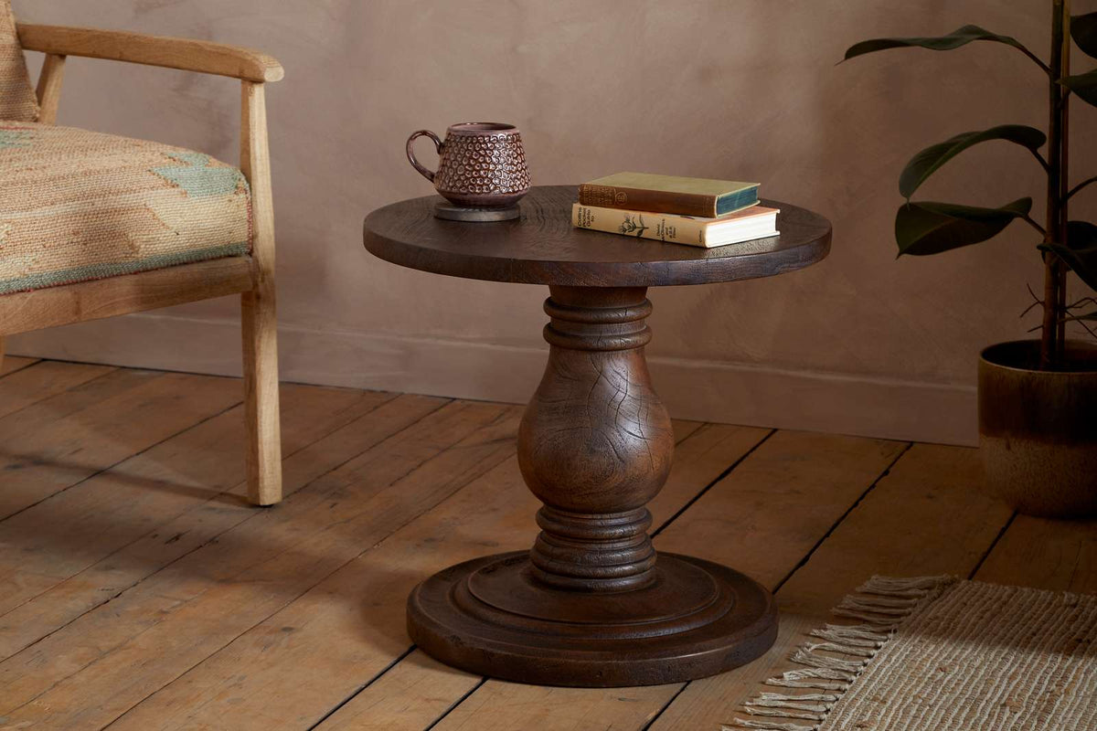 Nkuku Laya Carved Wood Side Table Chocolate Brown