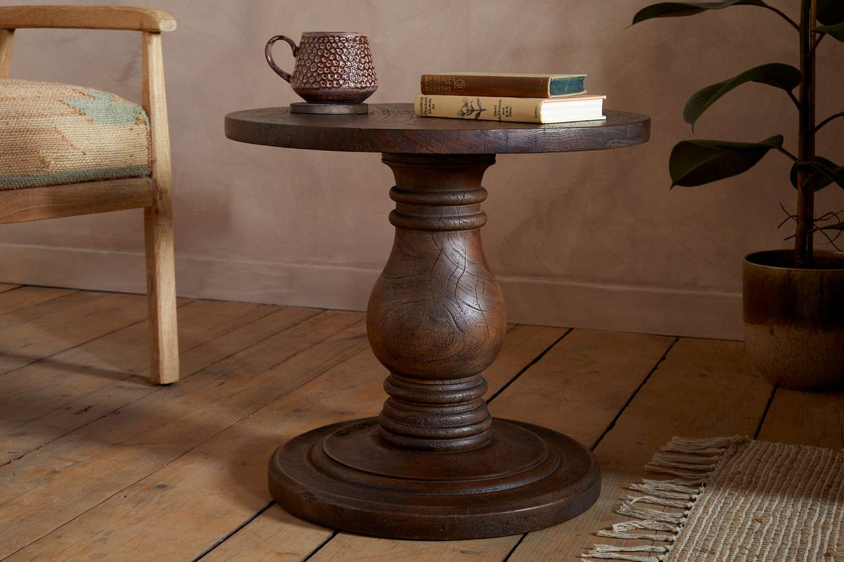 Nkuku Laya Carved Wood Side Table Chocolate Brown