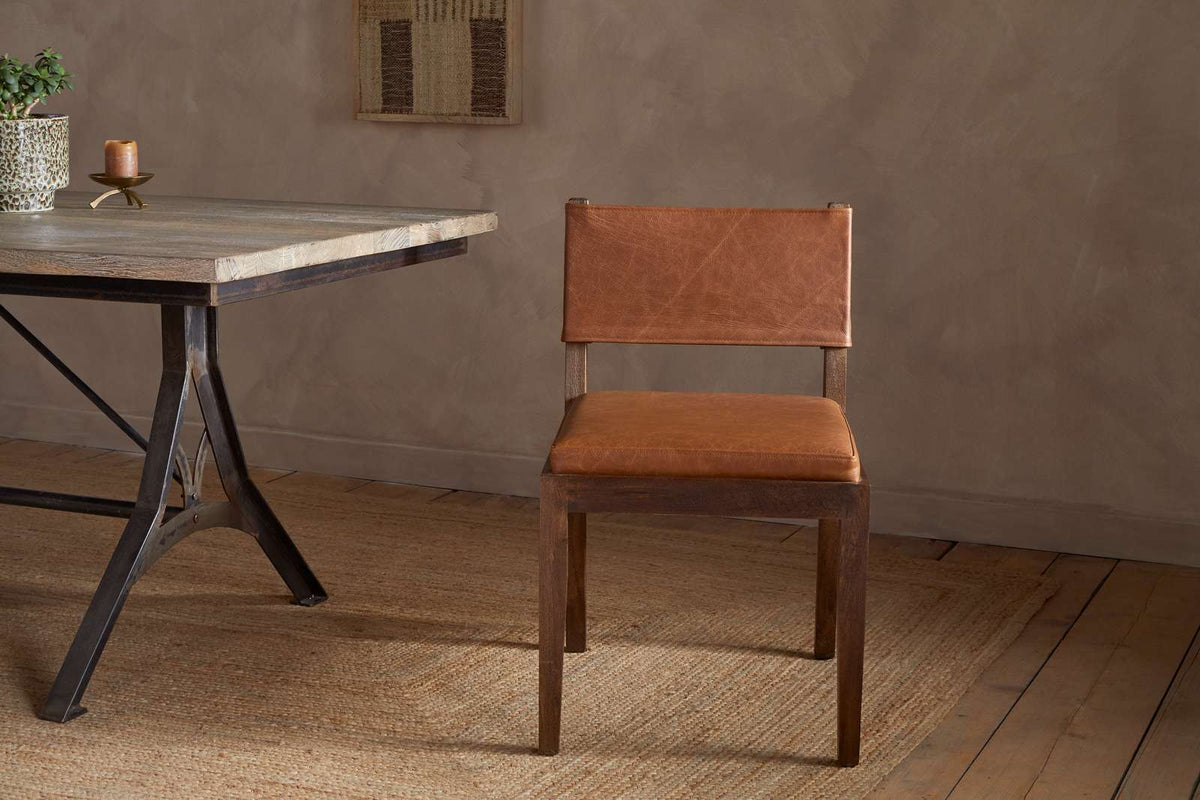 Nkuku Kusa Mango Wood & Leather Dining Chair Aged Tan