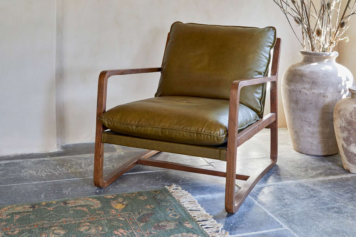 Nkuku Baloo Acacia Wood & Leather Occasional Chair Olive Green