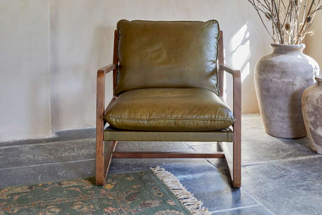 Nkuku Baloo Acacia Wood & Leather Occasional Chair Olive Green