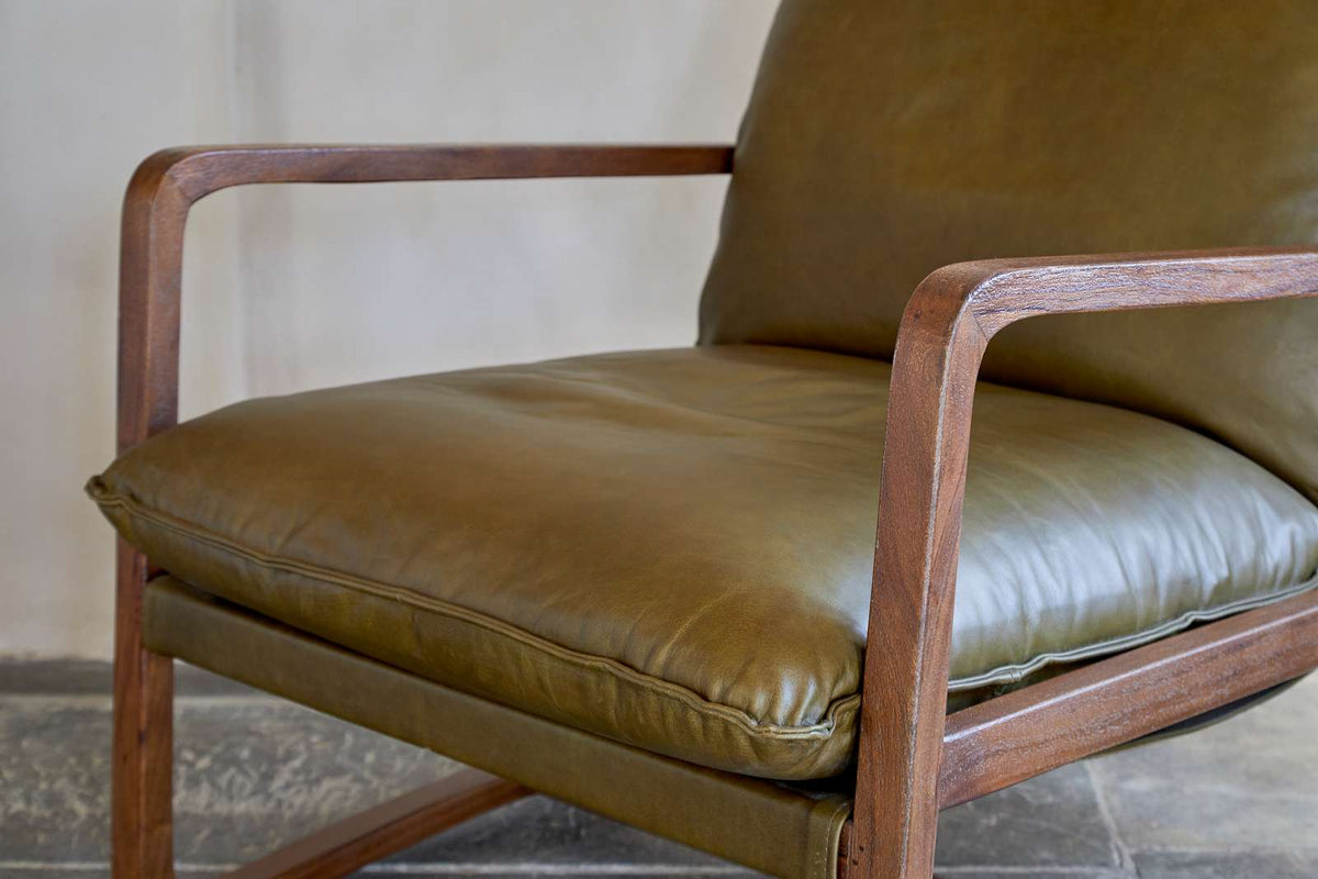 Nkuku Baloo Acacia Wood & Leather Occasional Chair Olive Green
