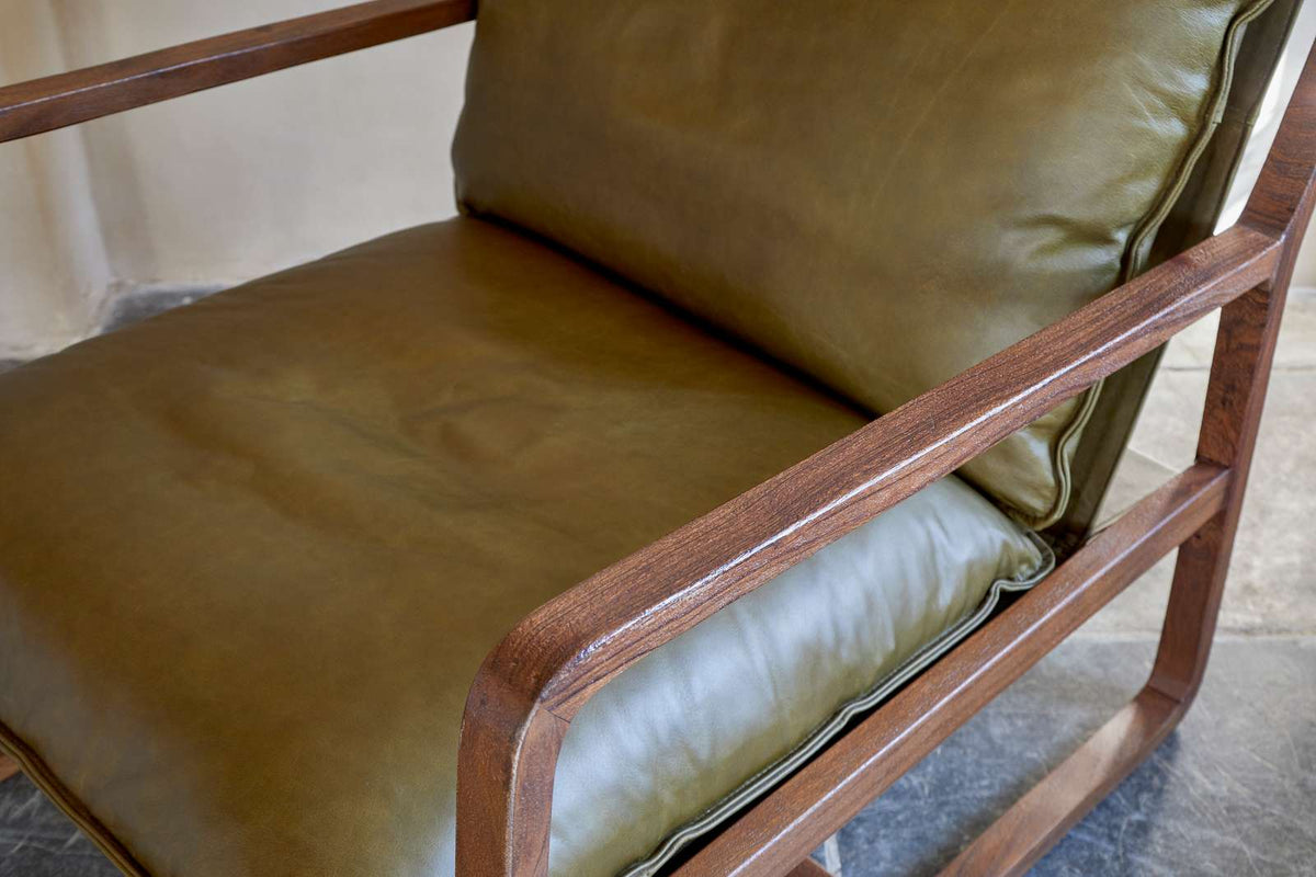 Nkuku Baloo Acacia Wood & Leather Occasional Chair Olive Green