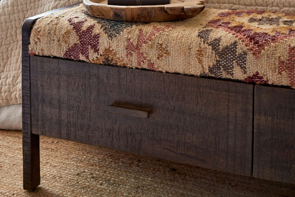 Nkuku Barir Mango Wood Upholstered Storage Bench Chocolate Brown
