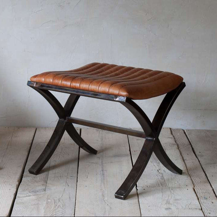 Nkuku Narwana Ribbed Leather Foot Stool Aged Tan