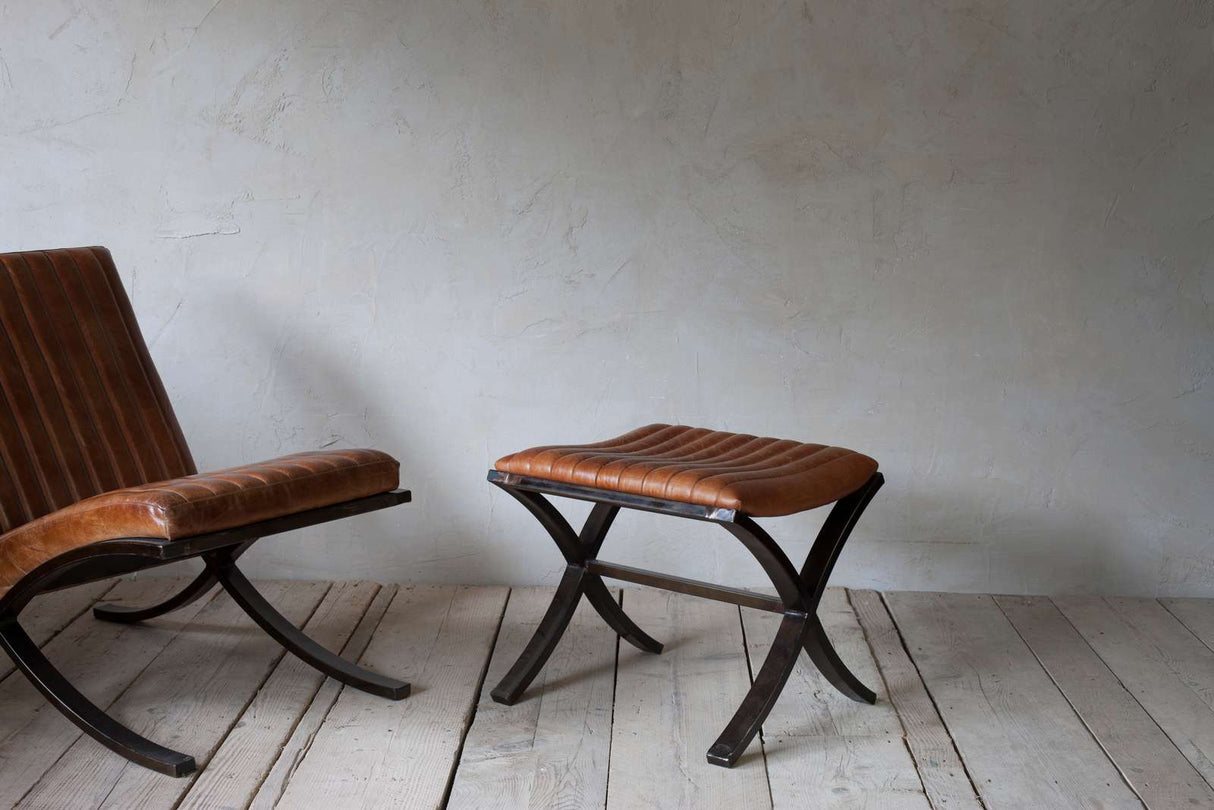 Nkuku Narwana Ribbed Leather Foot Stool Aged Tan