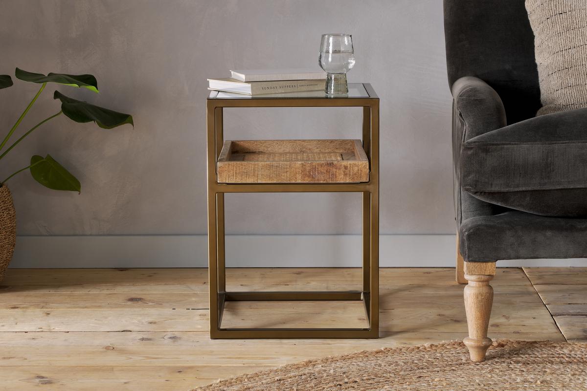 Nkuku Luzon Iron & Mango Wood Display Side Table Brass