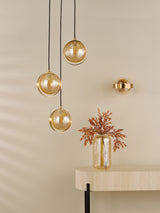 Dar Ophira 3 Light Cluster Pendant Antique Gold and Amber Ribbed Glass