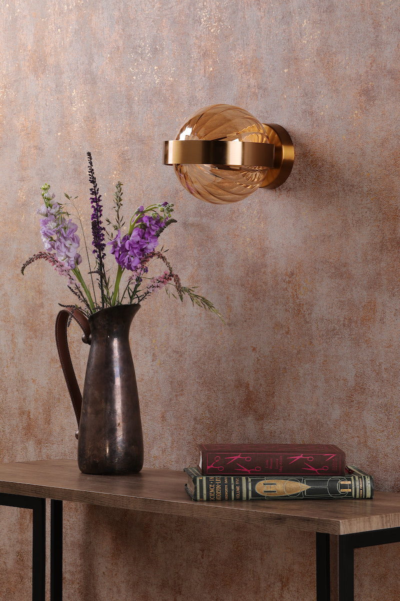 Dar Ophira Wall Light Antique Gold and Amber Ribbed Glass
