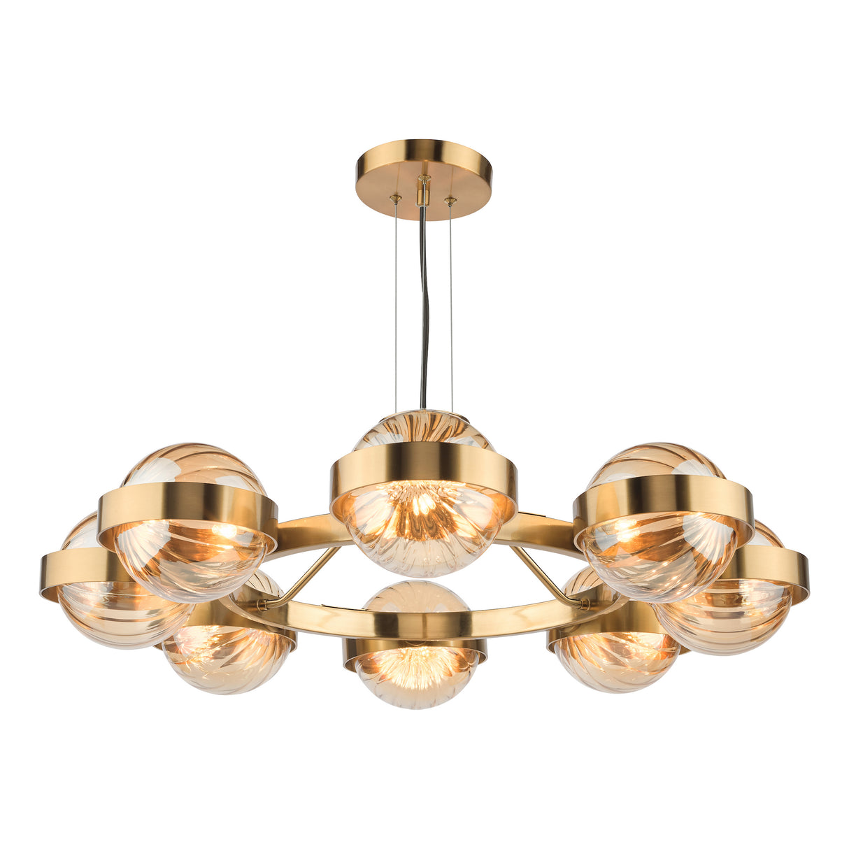 Dar Ophira 8 Light Pendant Antique Gold and Amber Ribbed Glass