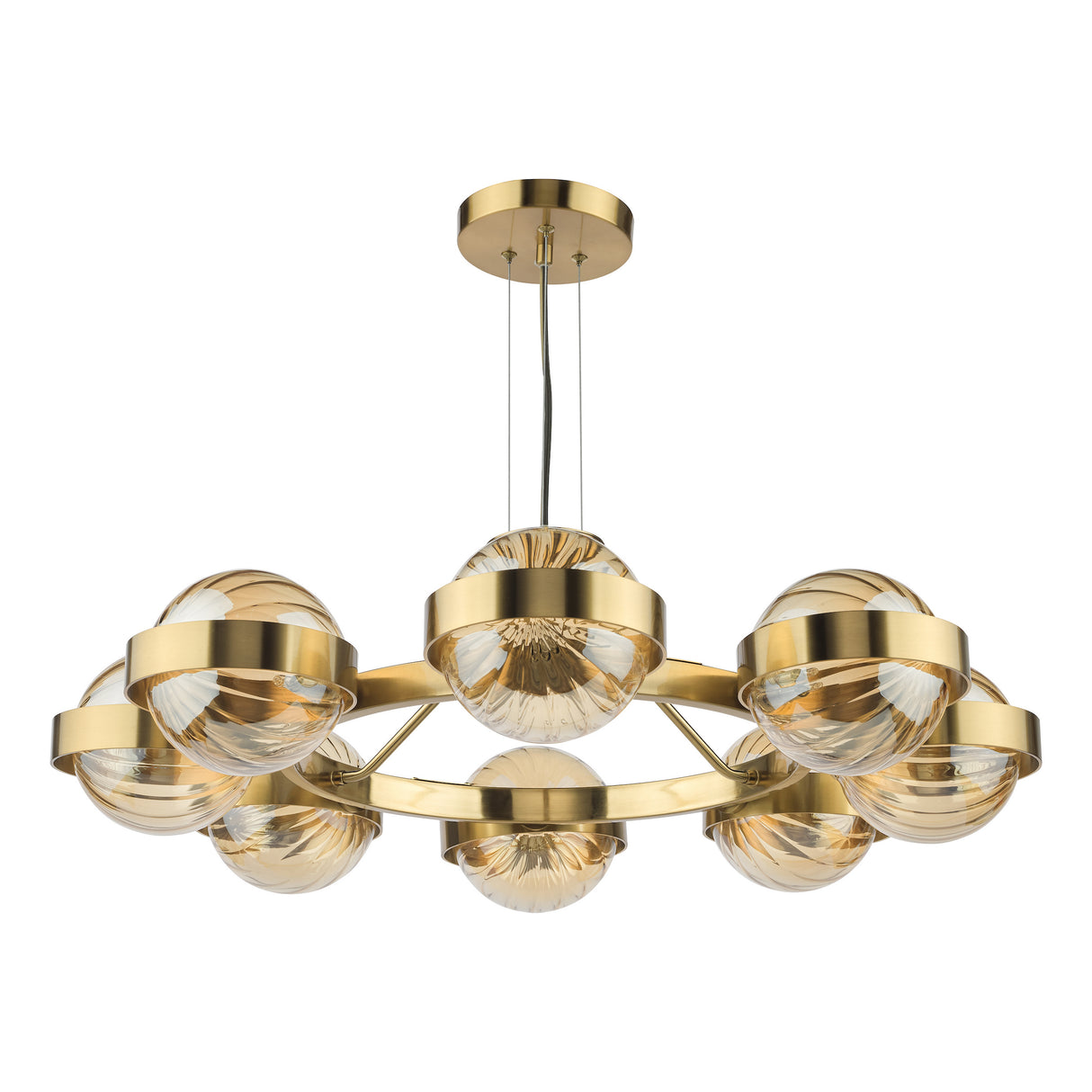 Dar Ophira 8 Light Pendant Antique Gold and Amber Ribbed Glass