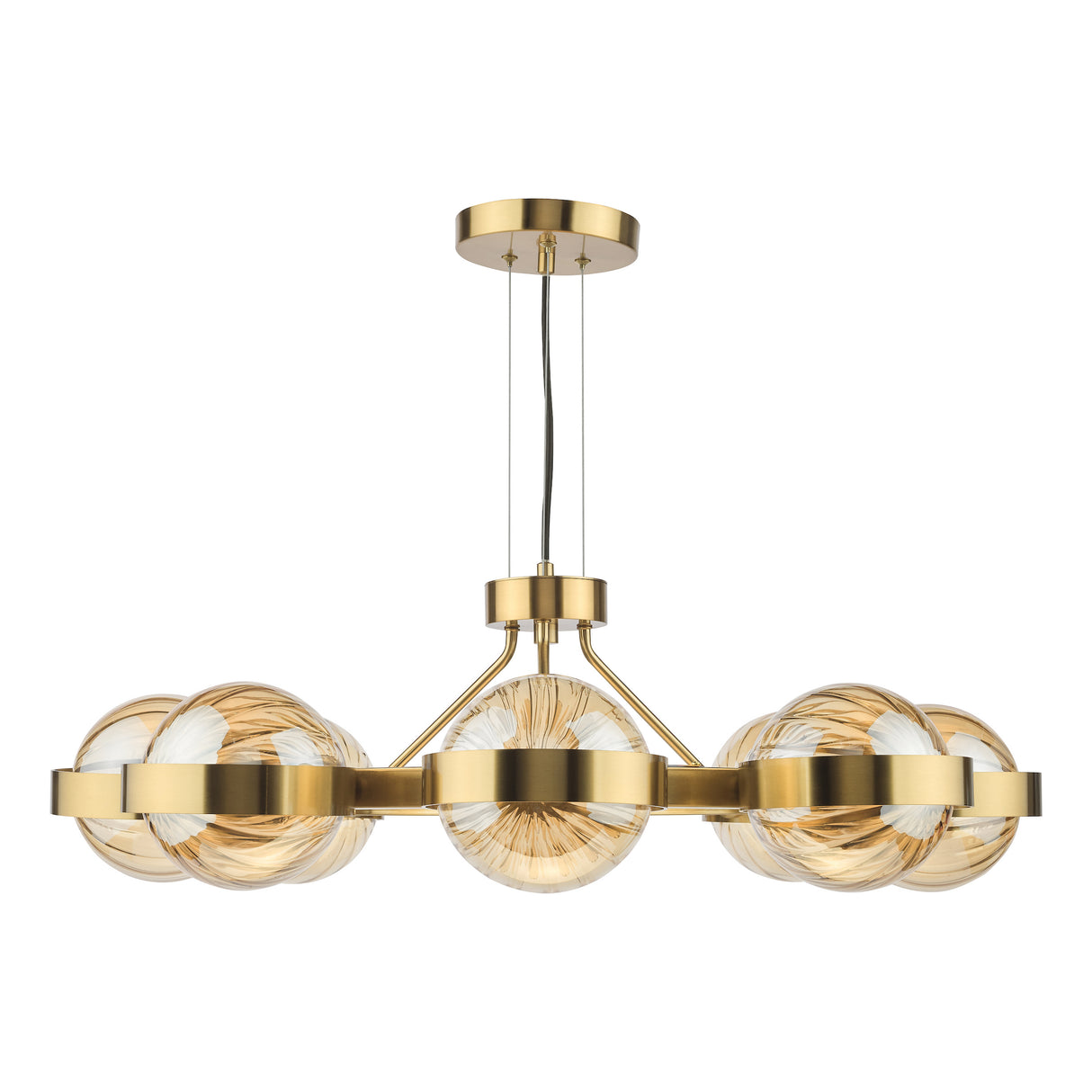 Dar Ophira 8 Light Pendant Antique Gold and Amber Ribbed Glass
