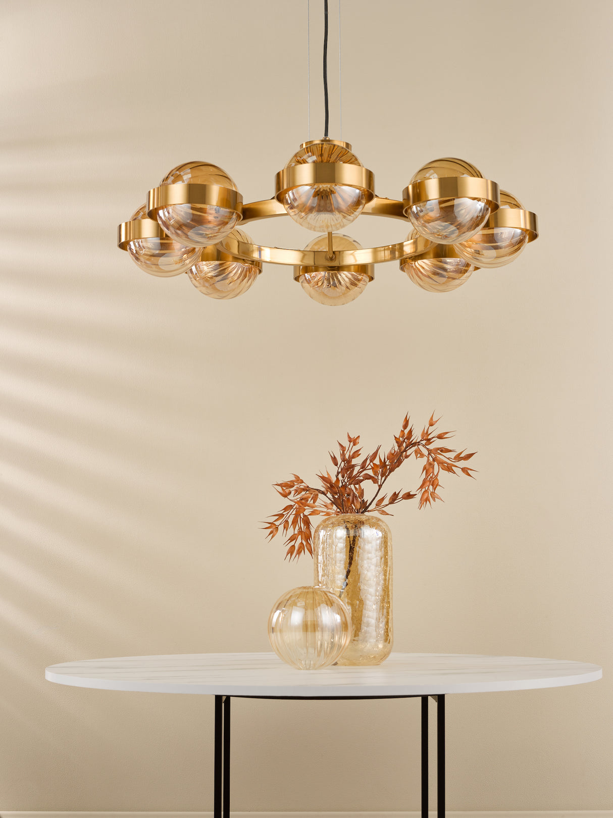 Dar Ophira 8 Light Pendant Antique Gold and Amber Ribbed Glass