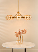 Dar Ophira 8 Light Pendant Antique Gold and Amber Ribbed Glass