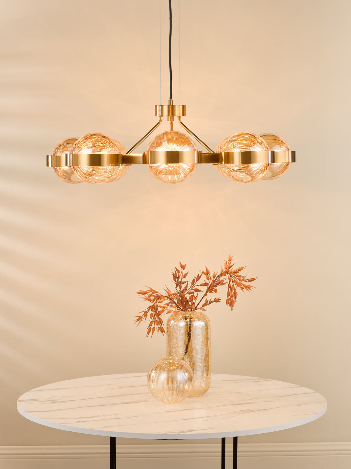 Dar Ophira 8 Light Pendant Antique Gold and Amber Ribbed Glass