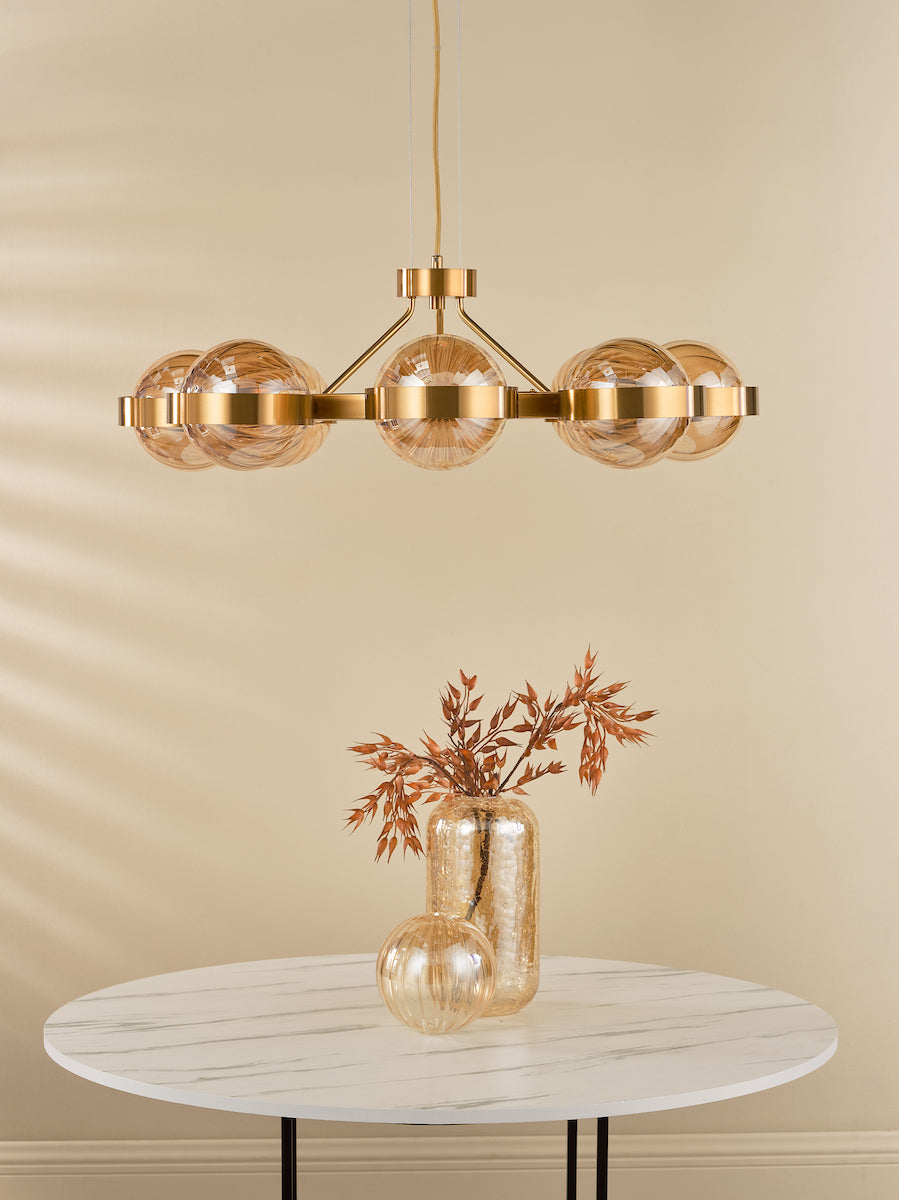 Dar Ophira 8 Light Pendant Antique Gold and Amber Ribbed Glass