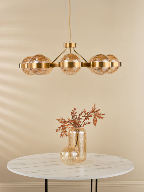 Dar Ophira 8 Light Pendant Antique Gold and Amber Ribbed Glass