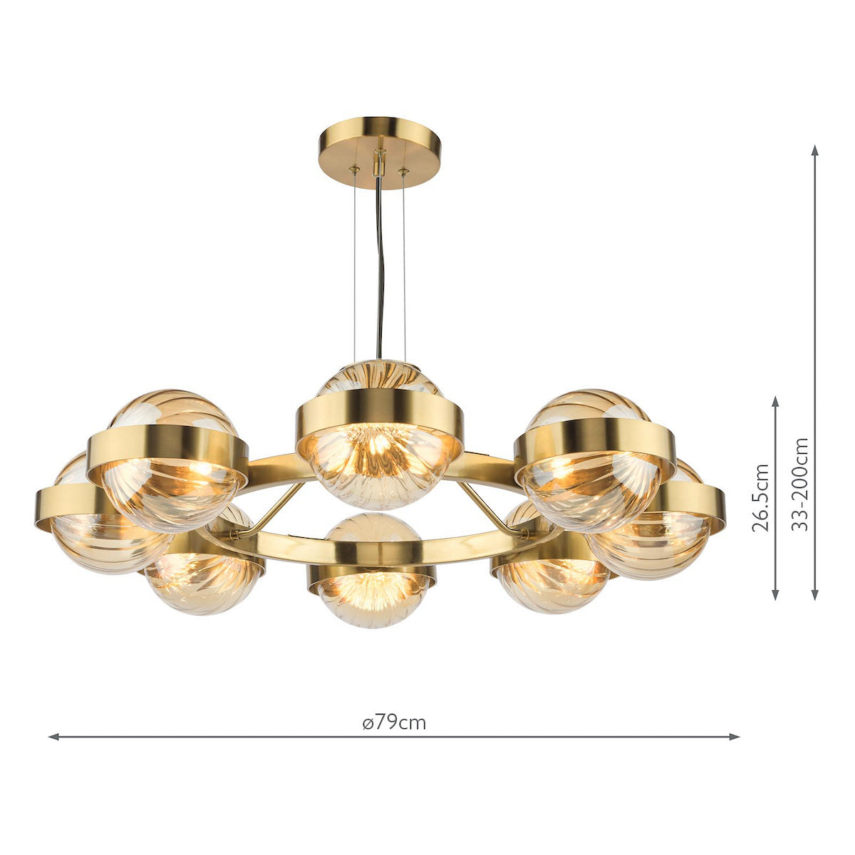 Dar Ophira 8 Light Pendant Antique Gold and Amber Ribbed Glass