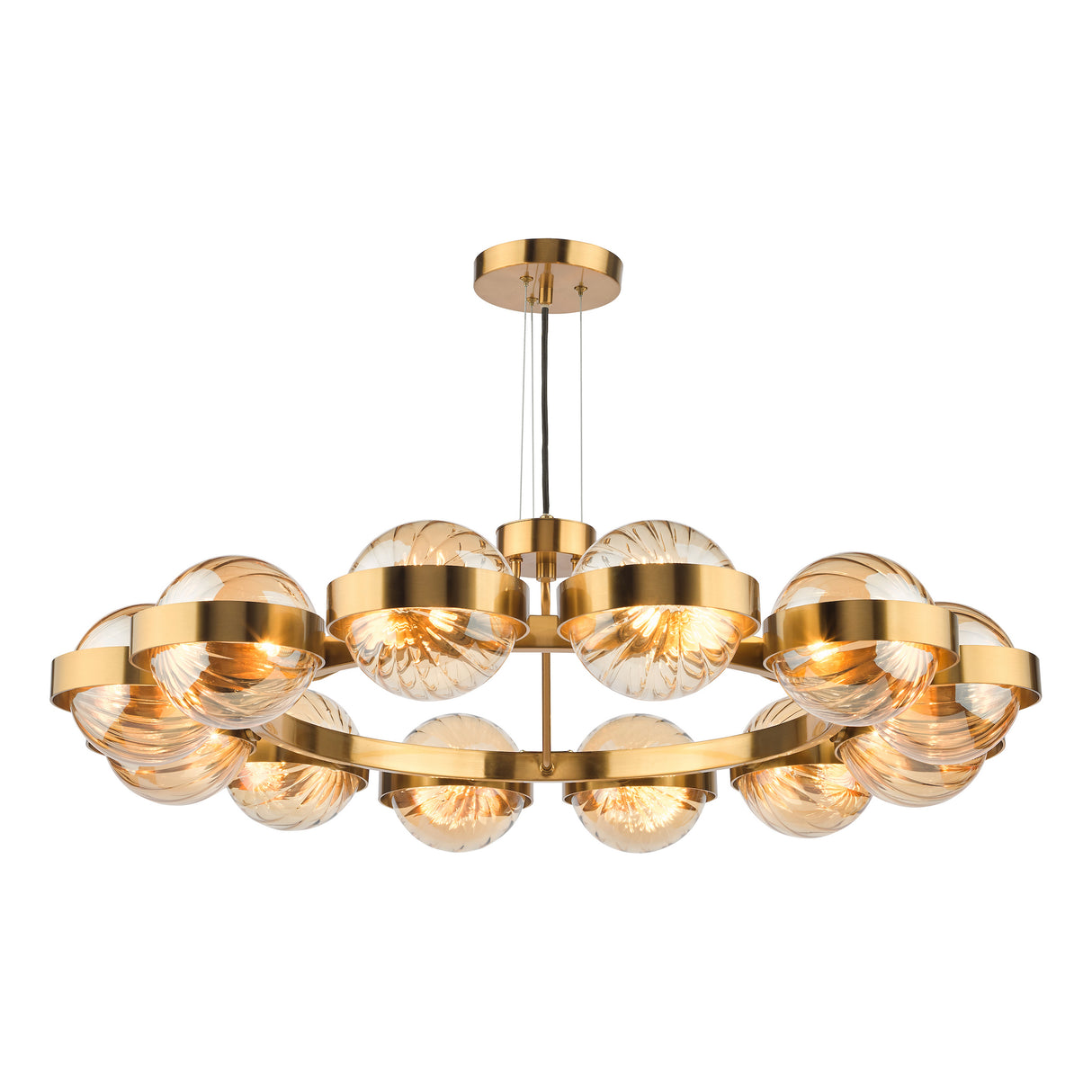 Dar Ophira 12 Light Pendant Antique Gold and Amber Ribbed Glass