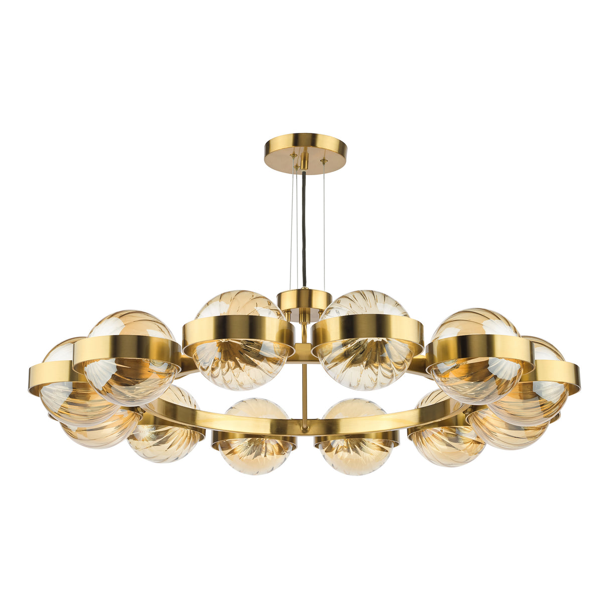 Dar Ophira 12 Light Pendant Antique Gold and Amber Ribbed Glass