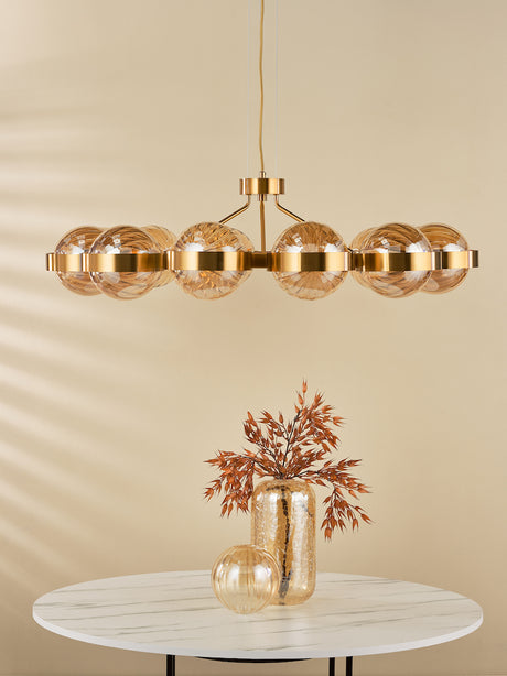 Dar Ophira 12 Light Pendant Antique Gold and Amber Ribbed Glass