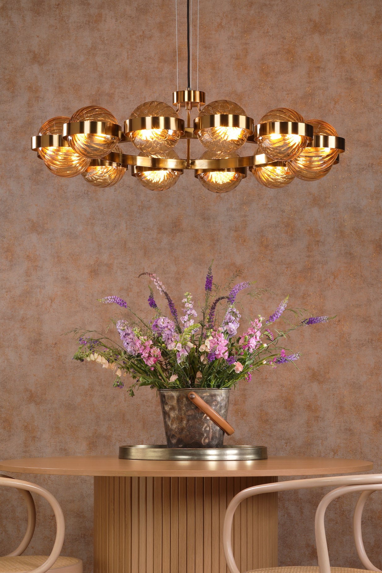 Dar Ophira 12 Light Pendant Antique Gold and Amber Ribbed Glass