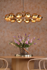Dar Ophira 12 Light Pendant Antique Gold and Amber Ribbed Glass