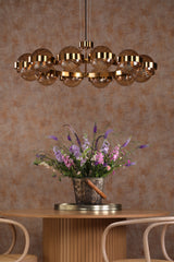 Dar Ophira 12 Light Pendant Antique Gold and Amber Ribbed Glass