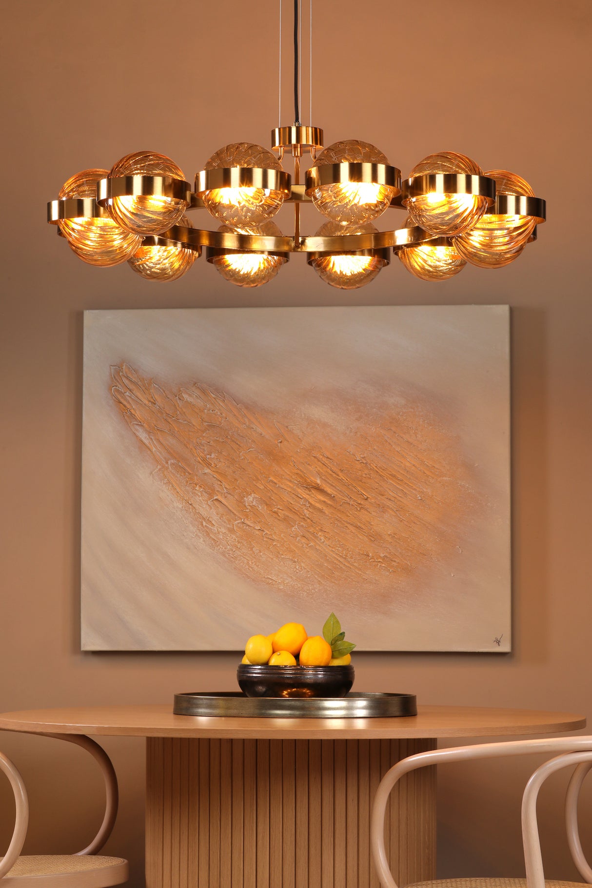 Dar Ophira 12 Light Pendant Antique Gold and Amber Ribbed Glass