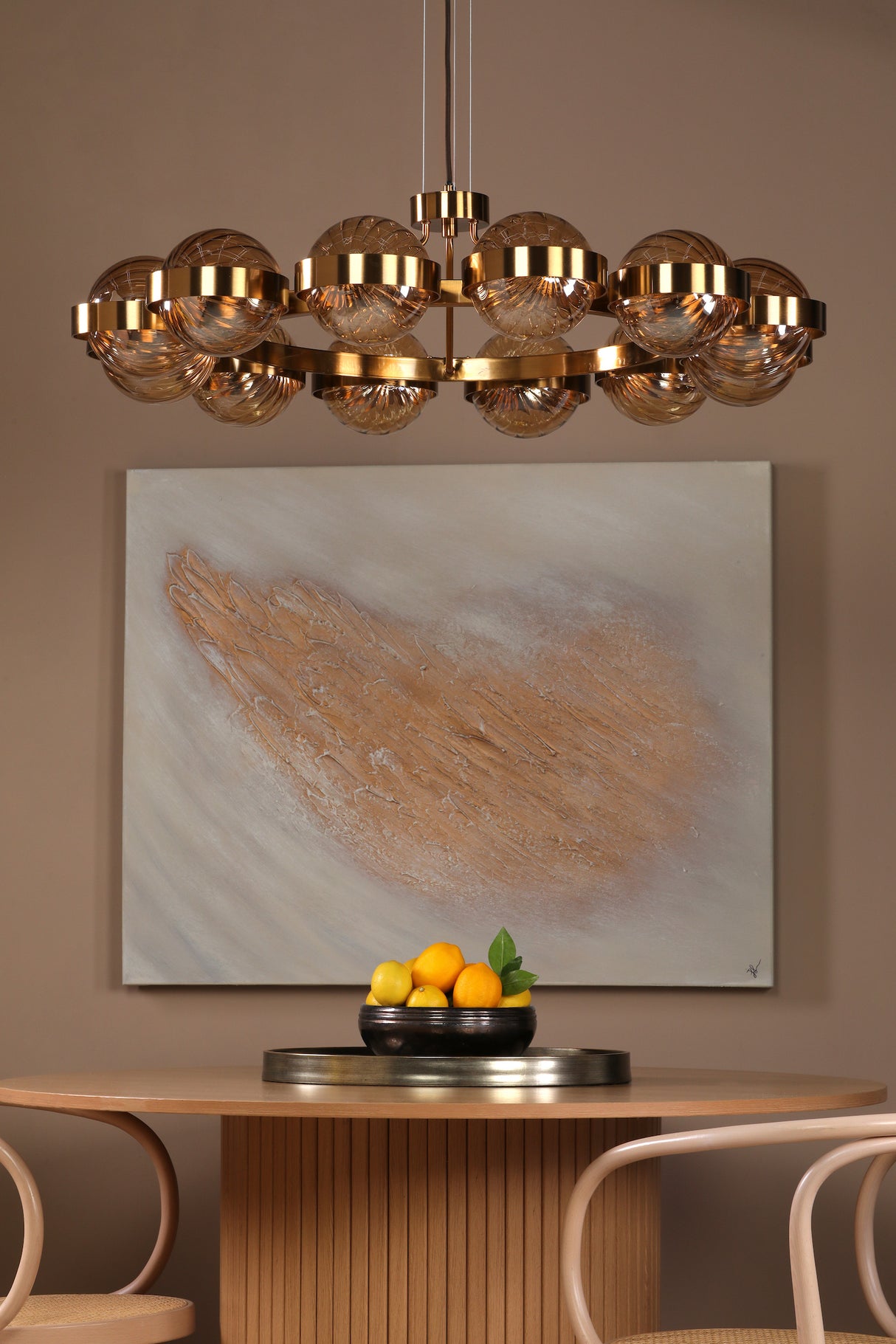 Dar Ophira 12 Light Pendant Antique Gold and Amber Ribbed Glass