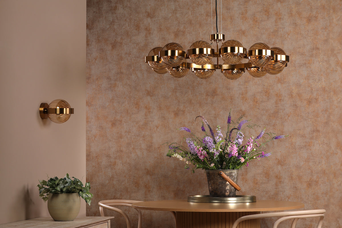 Dar Ophira 12 Light Pendant Antique Gold and Amber Ribbed Glass