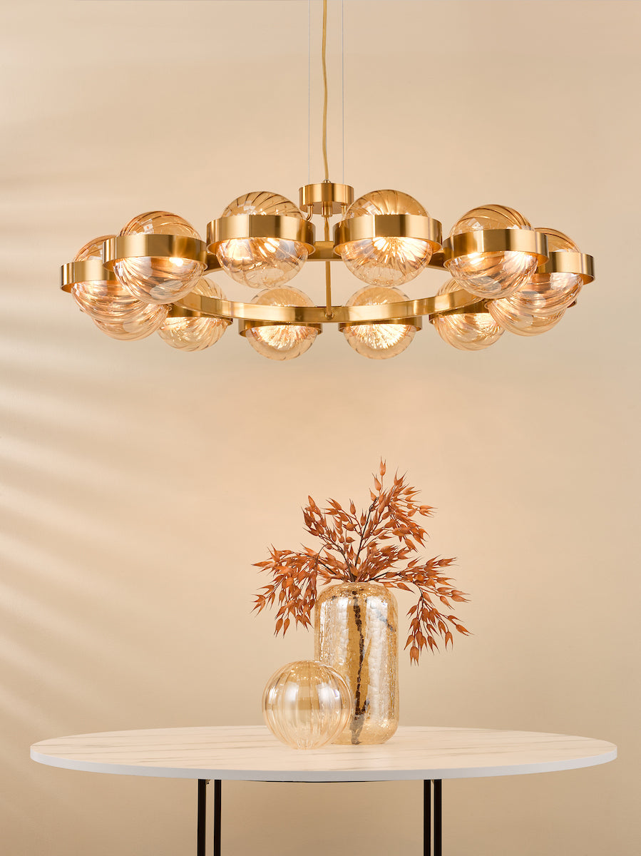 Dar Ophira 12 Light Pendant Antique Gold and Amber Ribbed Glass