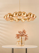 Dar Ophira 12 Light Pendant Antique Gold and Amber Ribbed Glass