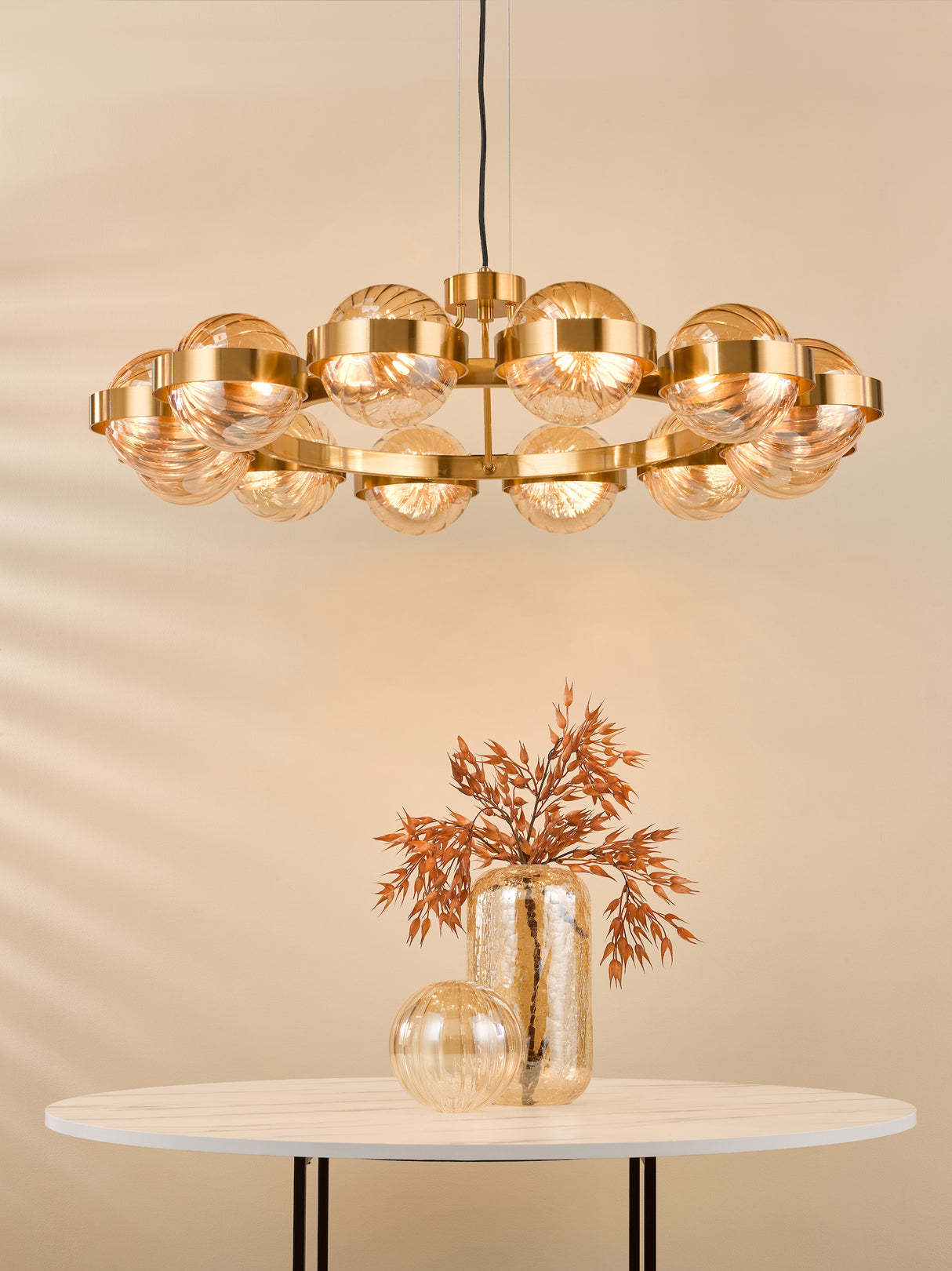 Dar Ophira 12 Light Pendant Antique Gold and Amber Ribbed Glass