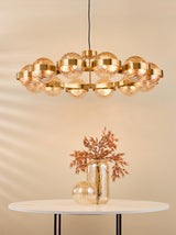 Dar Ophira 12 Light Pendant Antique Gold and Amber Ribbed Glass