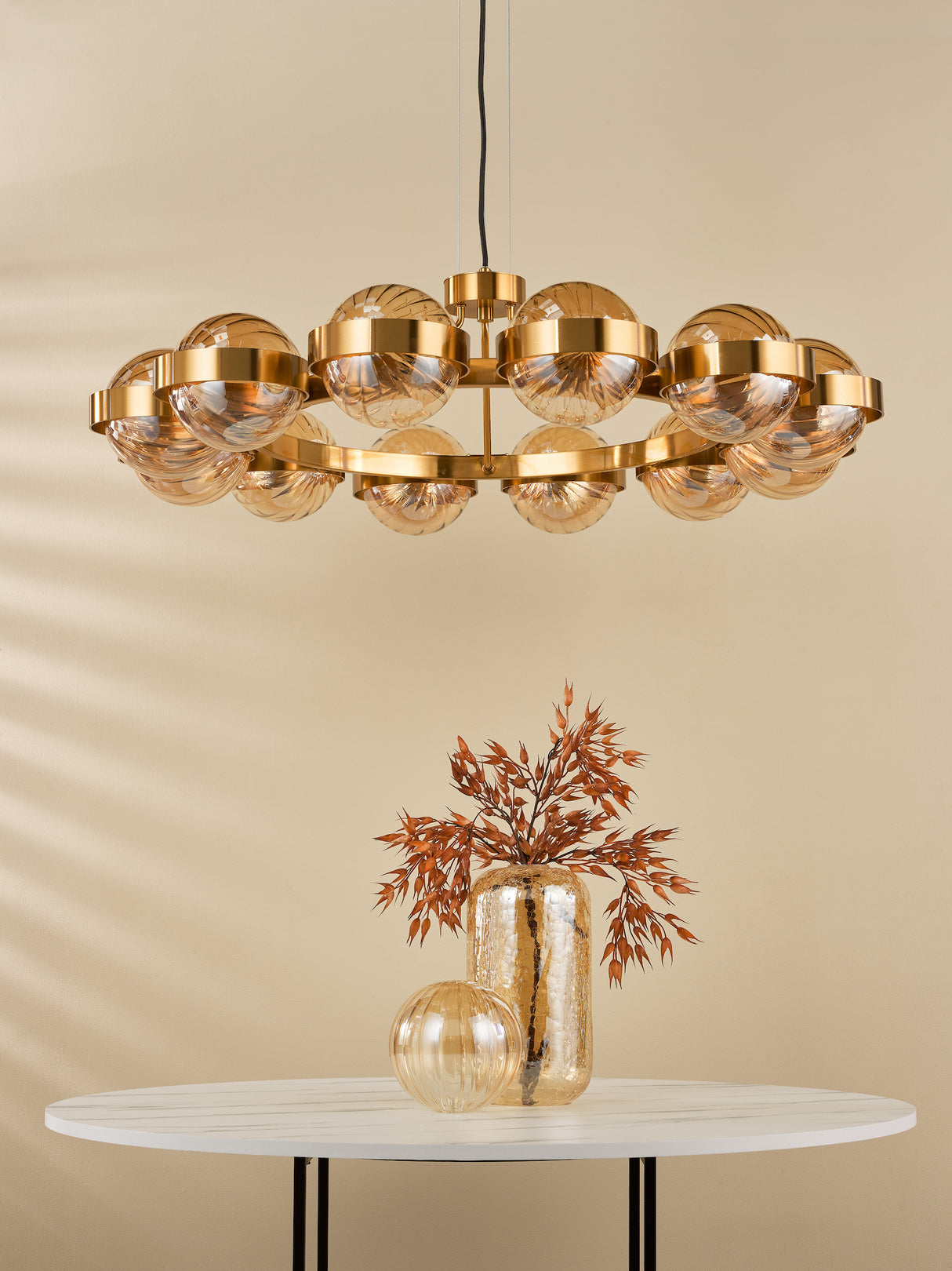 Dar Ophira 12 Light Pendant Antique Gold and Amber Ribbed Glass