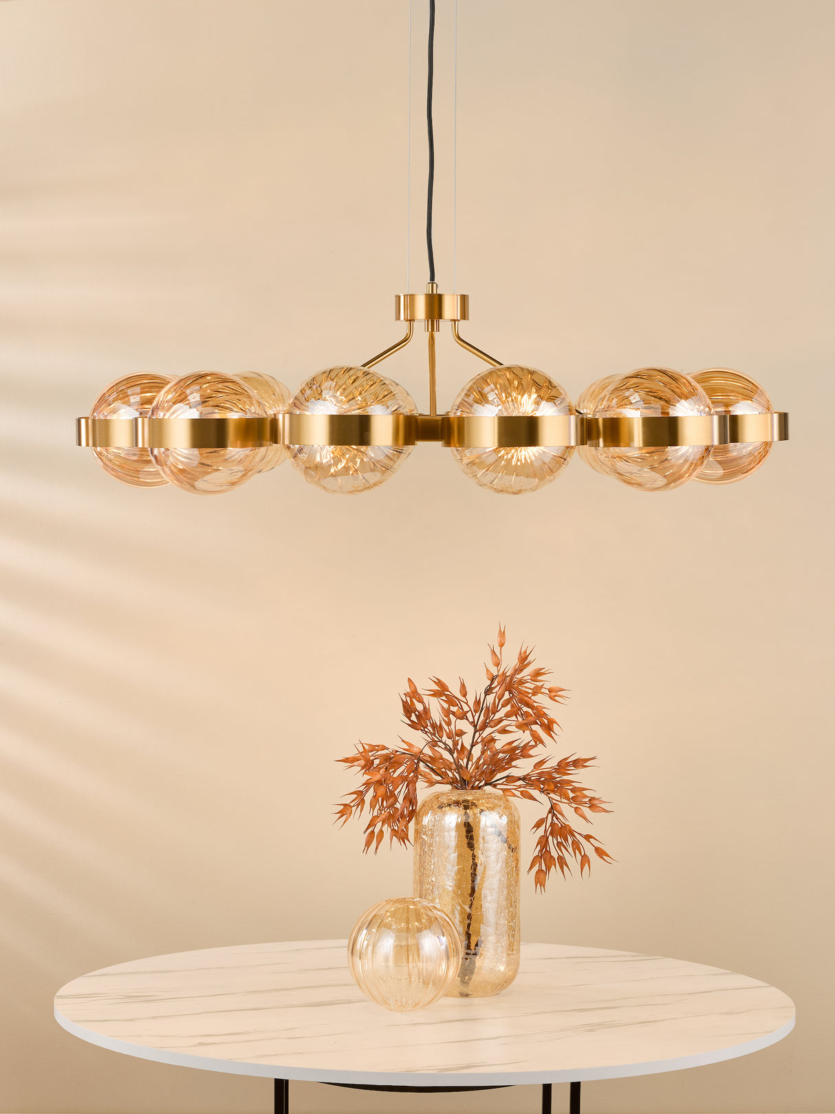 Dar Ophira 12 Light Pendant Antique Gold and Amber Ribbed Glass