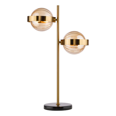 Dar Ophira 2 Light Table Lamp Antique Gold Black Marble and Amber Ribbed Glass