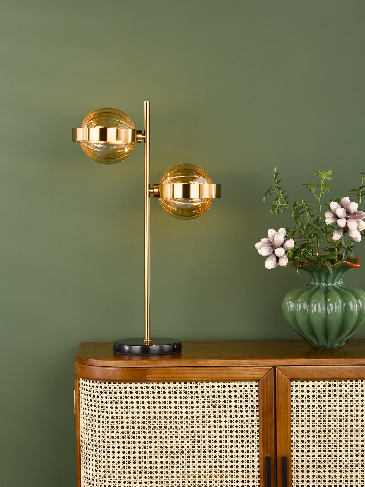 Dar Ophira 2 Light Table Lamp Antique Gold Black Marble and Amber Ribbed Glass
