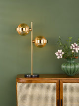 Dar Ophira 2 Light Table Lamp Antique Gold Black Marble and Amber Ribbed Glass