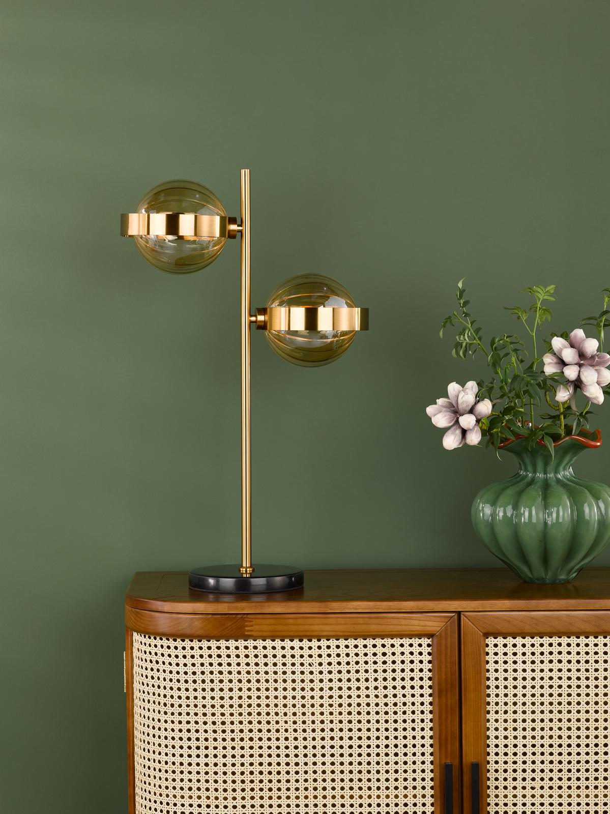 Dar Ophira 2 Light Table Lamp Antique Gold Black Marble and Amber Ribbed Glass